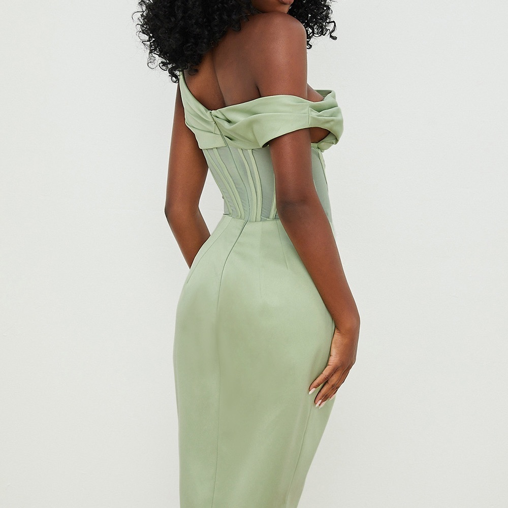 House of CB ‘Lulu’ Pistachio Asymmetric Drape Midi Corset Dress NWOT - Picture 7 of 14